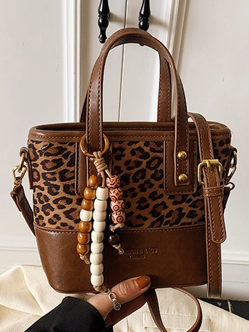 Vintage Γυναικεία Τσάντα Bucket από Δέρμα PU και Σουέτ Patchwork Τσάντα Ώμου με Κρεμαστό Χάντρες και Τρουκς Χειμερινή Μόδα
