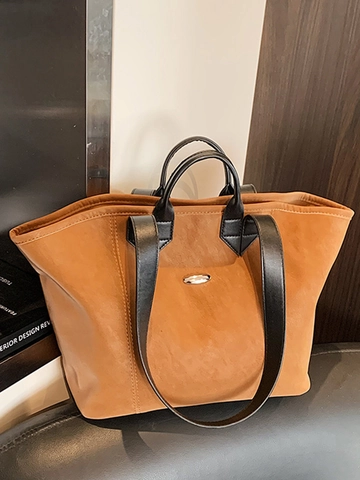 Large Capacity Minimalist Tote Bag For Women PU Leather Shoulder Bag Casual Commuter Student Handbag Solid Color
