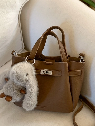 Dames Retro PU Lederen Emmer Tas Minimalistisch Lychee Patroon Handtas Met Konijn Hanger Verstelbare Schoudertas