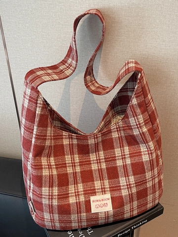 Borsa Tote Vintage a Quadretti da Donna Grande Capacità Tessuto a Scacchi Borsa a Spalla Casual da Pendolare Scuola Shopping