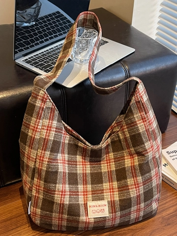 Borsa Tote Vintage a Quadretti da Donna Grande Capacità Tessuto a Scacchi Borsa a Spalla Casual da Pendolare Scuola Shopping