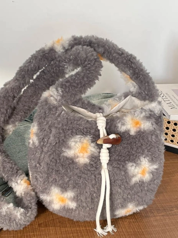Dames Pluche Schoudertas Grote Capaciteit Retro Vintage Bucketbag Met Hoornen Gesp Zachte Fleece Okseltas Dagelijks Casual Handtas