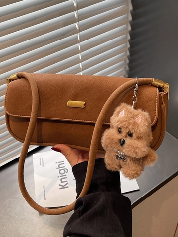 Vintage Minimalist Underarm Bag For Women PU Leather Solid Color Baguette Bag With Plush Dog Charm Shoulder Handbag