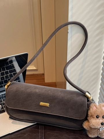 Vintage Minimalist Underarm Bag For Women PU Leather Solid Color Baguette Bag With Plush Dog Charm Shoulder Handbag