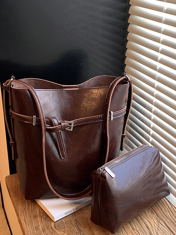 Vintage Damen Große Kapazität PU Leder Eimertasche Set Urban Stil Umhängetasche Tote Bag Mit Beutel Täglich Pendeln