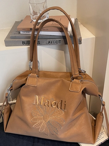 Damen Große Tragetasche PU Leder Vintage Gänseblümchen Stickerei Buchstaben Umhängetasche Lässige Pendler Handtasche