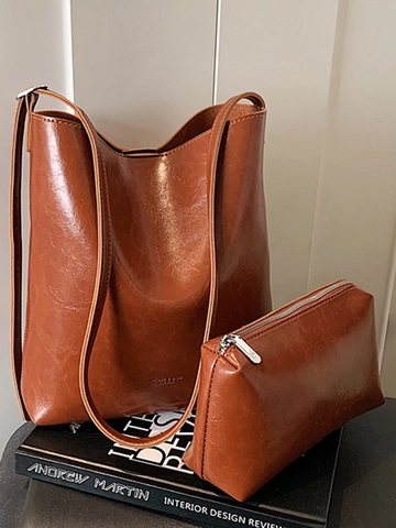 Bolso Bombonera de Cuero PU Minimalista para Mujer Gran Capacidad Color Sólido Retro Bolso de Hombro Con Bolsa Interior