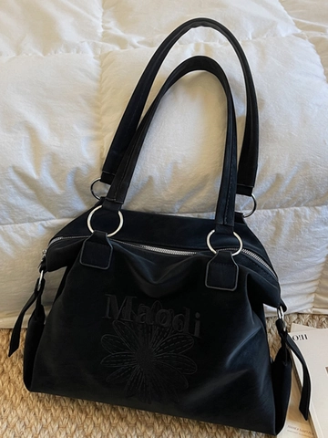 Damen Große Tragetasche PU Leder Vintage Gänseblümchen Stickerei Buchstaben Umhängetasche Lässige Pendler Handtasche