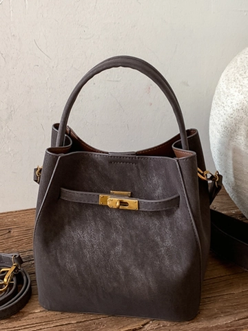 Bolso de Cubo de Cuero PU Retro para Mujer Bolso de Mano Minimalista de Color Sólido Con Hebilla de Metal Bolso de Hombro