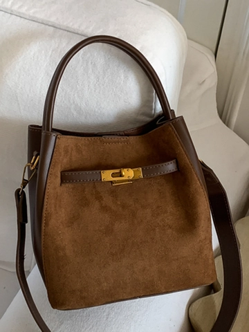 Bolso de Cubo de Cuero PU Retro para Mujer Bolso de Mano Minimalista de Color Sólido Con Hebilla de Metal Bolso de Hombro