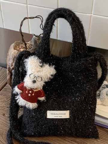 Bolso de Mano de Peluche de Estilo Coreano para Mujer Bolso de Hombro de Piel Sintética Con Lindo Colgante de Animal