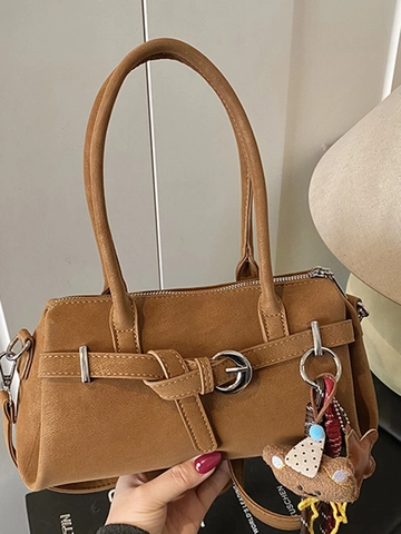Women Korean Style PU Leather Small Square Bag Vintage Shoulder Crossbody Bag With Plush Bear Pendant Fashion Office Commute Handbag