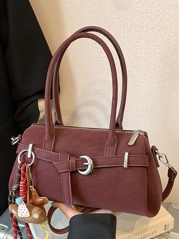 Women Korean Style PU Leather Small Square Bag Vintage Shoulder Crossbody Bag With Plush Bear Pendant Fashion Office Commute Handbag