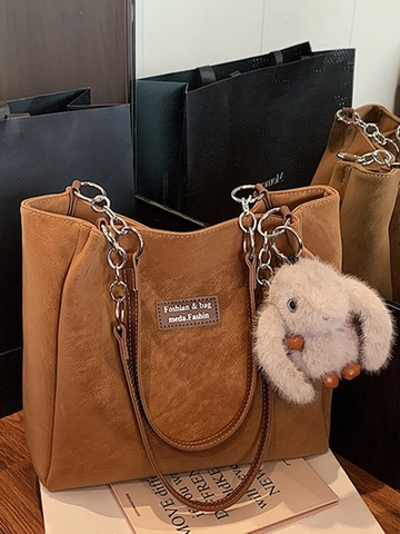 Damen Koreanischer Stil PU Leder Einkaufstasche Große Kapazität Urban Einfache Schultertasche Mit Plüsch Kaninchen Anhänger