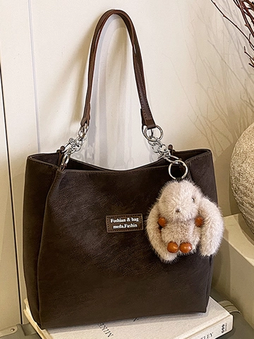 Damen Koreanischer Stil PU Leder Einkaufstasche Große Kapazität Urban Einfache Schultertasche Mit Plüsch Kaninchen Anhänger