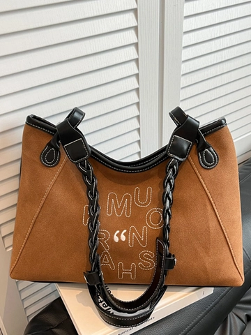 Sac Cabas en Cuir PU pour Femme Grande Capacité Style Minimaliste Urbain Sac à Épaule Avec Bandoulière Tressée Surpiqûres Contrastées Design Lettres