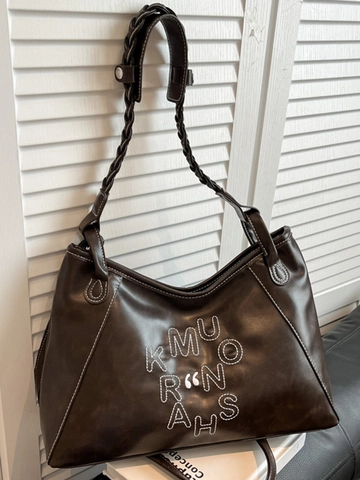Sac Cabas en Cuir PU pour Femme Grande Capacité Style Minimaliste Urbain Sac à Épaule Avec Bandoulière Tressée Surpiqûres Contrastées Design Lettres