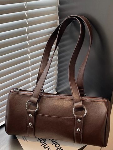 Damen Retro PU Leder Boston Tasche Minimalistisch Große Kapazität Zylinder Umhängetasche Mit Nieten Dekor Urban Underarm Tasche