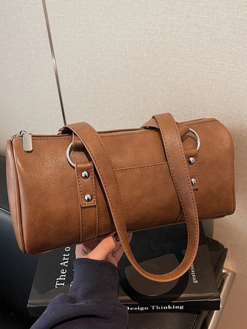 Damen Retro PU Leder Boston Tasche Minimalistisch Große Kapazität Zylinder Umhängetasche Mit Nieten Dekor Urban Underarm Tasche