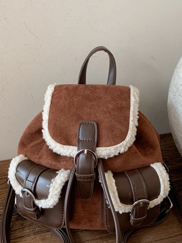 Zaino da Donna Retrò in Pelle PU Con Bordo in Finta Lana di Agnello Patchwork Zainetto Scolastico Moda Invernale