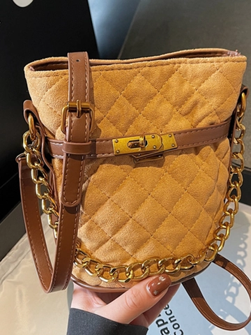 Borsa a Secchiello Trapuntata da Donna Pelle PU Catena Borsa a Tracolla Piccola Borsa a Mano Retro Borsa per Cellulare Moda