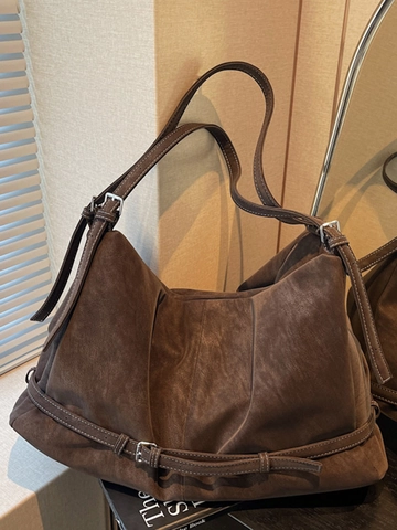 Vintage Wildlederimitat Tragetasche Damen Große Kapazität Schultertasche Mit Kontrastnähten Retro Urban Einfache Hobo Pendler Tasche