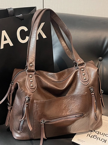 Grote Capaciteit PU Leren Tote Bag Voor Vrouwen Retro Multi Rits Klinknagel Schoudertas Vrije Tijd Woon Werkverkeer 2025