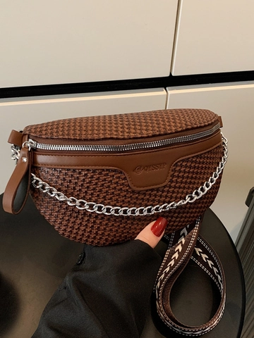Gewebte Struktur Brusttasche Für Damen Mode Crossbody Umhängetasche Mit Metallkette Breit Gurt Retro Urbaner Stil Modisch