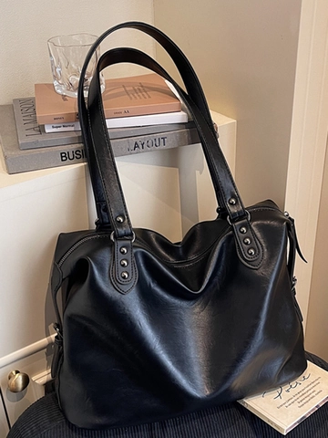 Grote Capaciteit PU Leren Tote Bag Voor Vrouwen Retro Multi Rits Klinknagel Schoudertas Vrije Tijd Woon Werkverkeer 2025