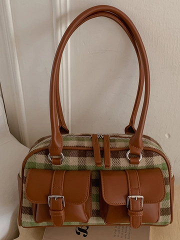 Vintage Plaid Underarm Bag For Women Retro PU Leather Patchwork Shoulder Bag Casual Large Capacity Commuter Handbag