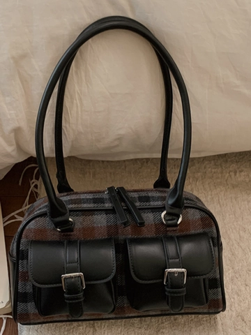 Vintage Plaid Underarm Bag For Women Retro PU Leather Patchwork Shoulder Bag Casual Large Capacity Commuter Handbag