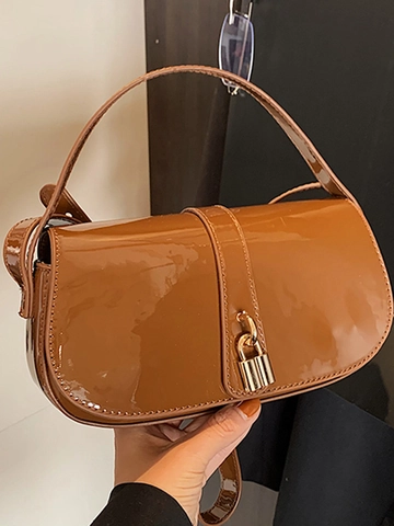Women Fashion Shiny PU Leather Small Square Bag Simple Solid Color Shoulder Crossbody Bag Gold Metal Lock Decor Daily Commute Handbag