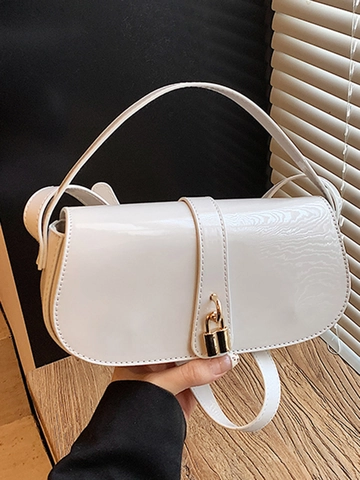 Women Fashion Shiny PU Leather Small Square Bag Simple Solid Color Shoulder Crossbody Bag Gold Metal Lock Decor Daily Commute Handbag