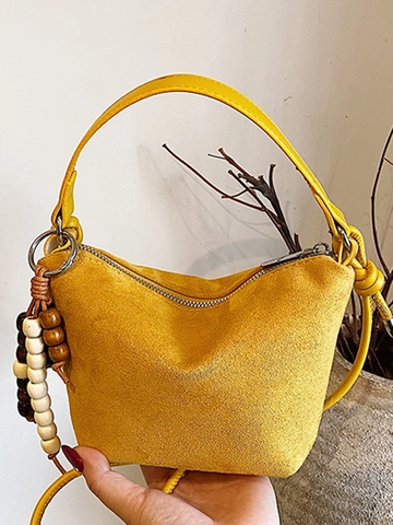 Bolso de Cubo Retro de Gamuza para Mujer Estilo Urbano Simple Bolso Bandolera con Borla de Cuentas de Madera Bolso de Mano
