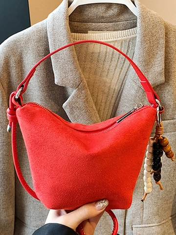 Bolso de Cubo Retro de Gamuza para Mujer Estilo Urbano Simple Bolso Bandolera con Borla de Cuentas de Madera Bolso de Mano