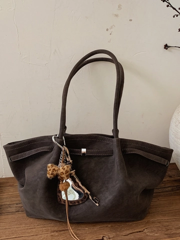 Minimalist Retro Large Capacity Tote Bag For Women PU Leather Frosted Texture Shoulder Bag Commuter Handbag With Charm