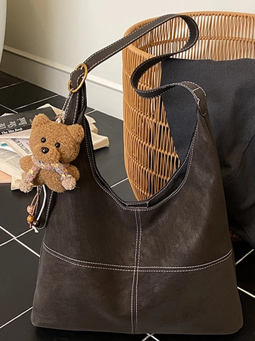 Vintage Large Capacity PU Leather Tote Bag For Women Contrast Stitching Fashion Crossbody Shoulder Bag Commuter Bag