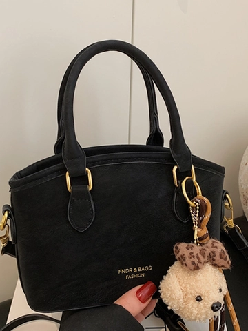 Vintage PU Leather Small Square Crossbody Bag For Women Fashion Solid Color Handbag With Cute Plush Bear Charm Elegant Top Handle Bag