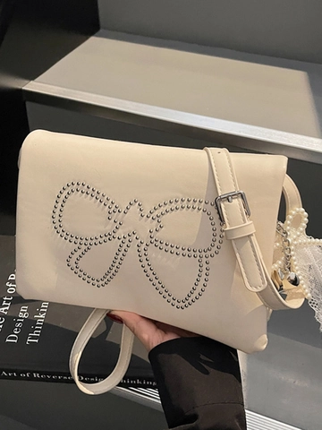 Bolso Cuadrado Pequeño para Mujer con Lazo de Remaches Bolso Bandolera de Cuero PU con Colgante de Perla y Encaje Moda