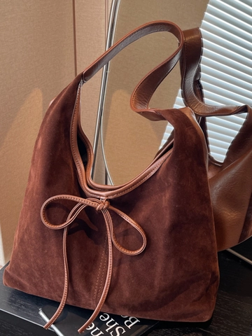Damen Große Kapazität PU Leder Tote Tasche Mode Vintage Wildleder Textur Hobo Schultertasche Schleife Dekor Pendler Handtasche
