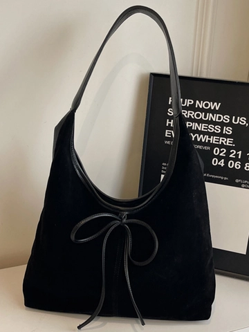 Damen Große Kapazität PU Leder Tote Tasche Mode Vintage Wildleder Textur Hobo Schultertasche Schleife Dekor Pendler Handtasche