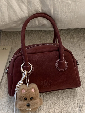 Retro PU Leder Bowling Handtasche Für Damen Minimalistische Boston Tasche Mit Plüsch Hund Anhänger Kontrastnaht Schultertasche