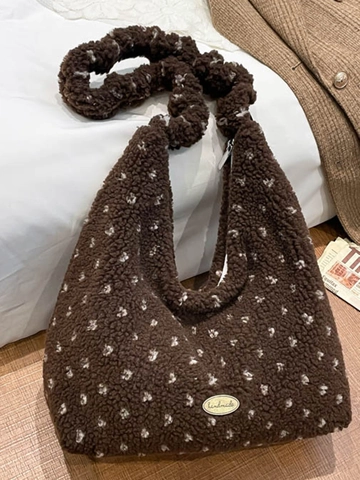 Damen Vintage Plüsch Einkaufstasche Große Kapazität Floral Leopard Karo Kunstpelz Schultertasche Mit Handmade Metalletikett Für Winter