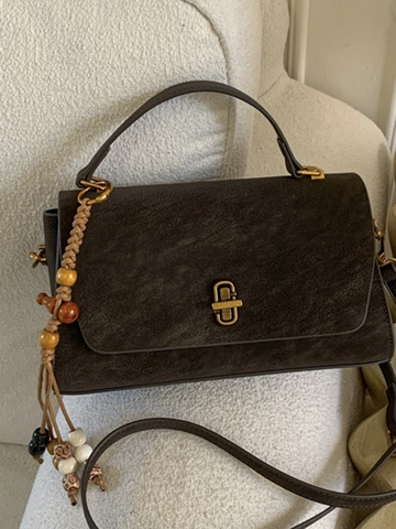 Retro PU Leather Patchwork Handbag For Women Vintage Contrast Color Shoulder Bag With Bead Charm Tassel Crossbody Purse