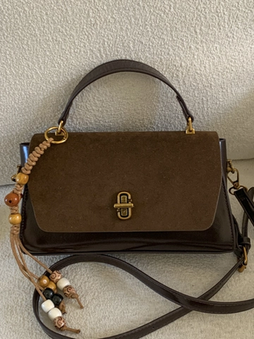 Retro PU Leather Patchwork Handbag For Women Vintage Contrast Color Shoulder Bag With Bead Charm Tassel Crossbody Purse