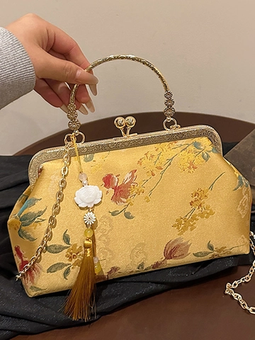 Vintage Chinese Style Embroidery Clutch Bag Satin Floral Goldfish Pattern Handbag With Metal Handle Tassel Chain Shoulder Bag