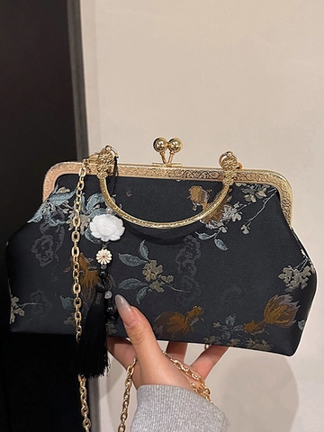 Vintage Chinese Style Embroidery Clutch Bag Satin Floral Goldfish Pattern Handbag With Metal Handle Tassel Chain Shoulder Bag