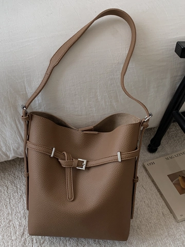 Minimalistische Dames Emmer Tas Van PU Leer Met Litchi Patroon Grote Capaciteit Schoudertas En Binnentas Retro Mode Tote