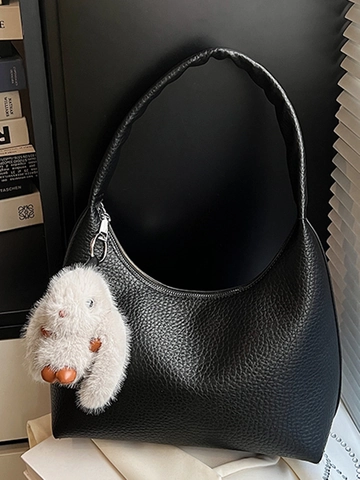 Women Minimalist PU Leather Hobo Shoulder Bag Large Capacity Solid Color Litchi Pattern Underarm Bag With Rabbit Pendant