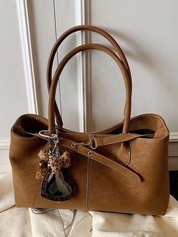 Large Capacity PU Leather Tote Bag For Women Retro Contrast Stitching Shoulder Bag With Leopard Heart Charm Commuter Handbag